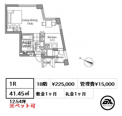 1R 41.45㎡ 18階 賃料¥225,000 管理費¥15,000 敷金1ヶ月 礼金1ヶ月 　　　　