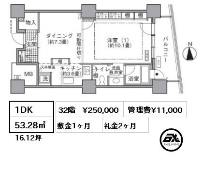 1DK 53.28㎡  賃料¥250,000 管理費¥11,000 敷金1ヶ月 礼金2ヶ月