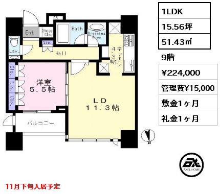 1LDK 51.43㎡ 9階 賃料¥224,000 管理費¥15,000 敷金1ヶ月 礼金1ヶ月 11月下旬入居予定