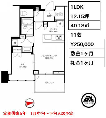 1LDK 40.18㎡  賃料¥250,000 敷金1ヶ月 礼金1ヶ月 定期借家5年　1月中旬～下旬入居予定