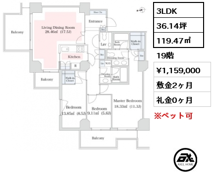 間取り3 3LDK 119.47㎡ 19階 賃料¥1,159,000 敷金2ヶ月 礼金0ヶ月