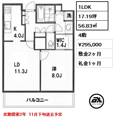 間取り8 1LDK 56.83㎡ 4階 賃料¥295,000 敷金2ヶ月 礼金1ヶ月 定期借家2年  11月下旬退去予定